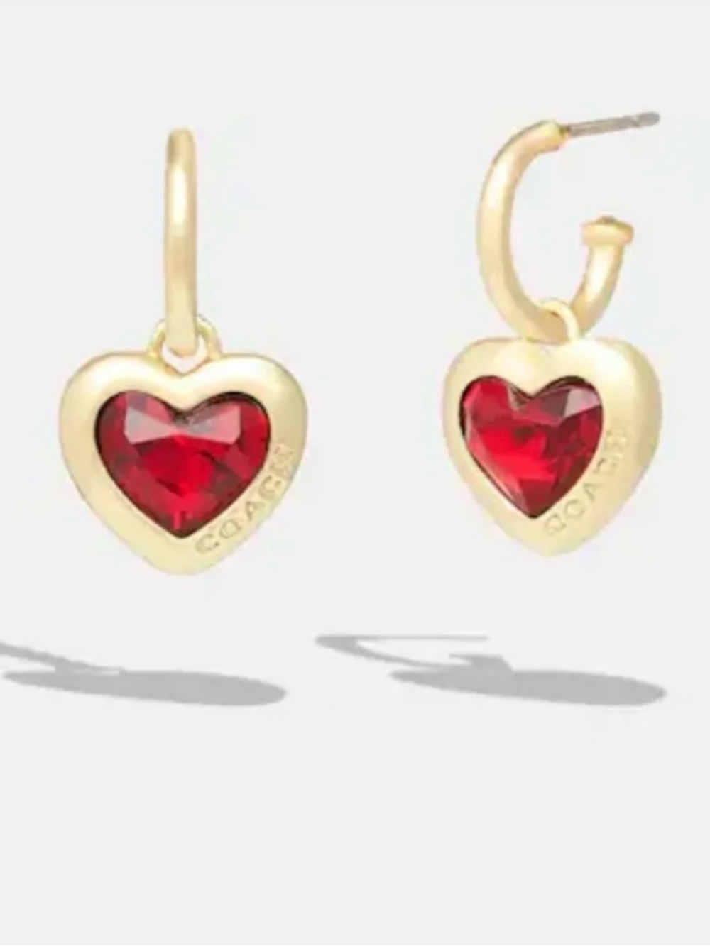 Coach Gold Heart Hoop Earrings with Red Crystal Charms - Picture 3 of 3